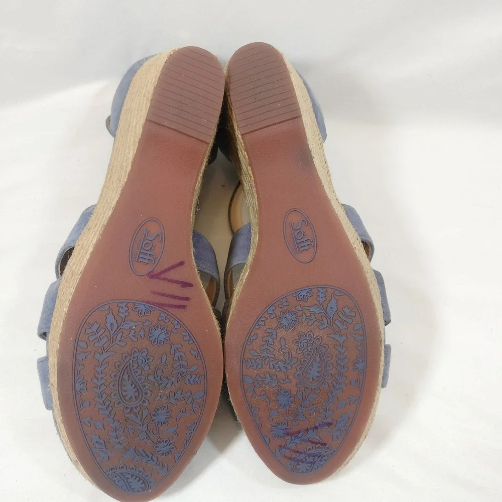 Sofft Blue Espadrille Wedge Sandals; Strappy Suede Leather Open Toe Back Zip